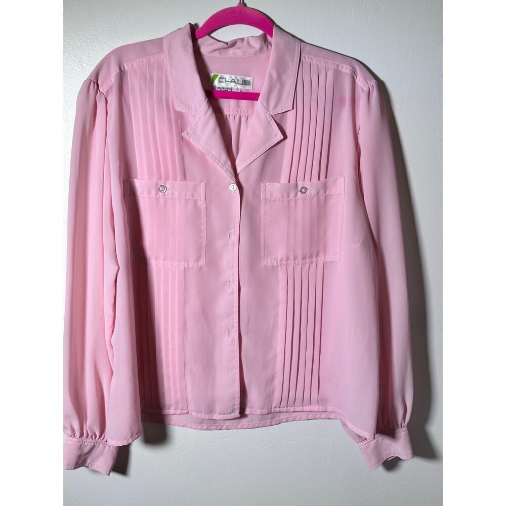 Vintage Chaus Women Pink Collared pleated Long Sleeves Button Down Shirt Size 14